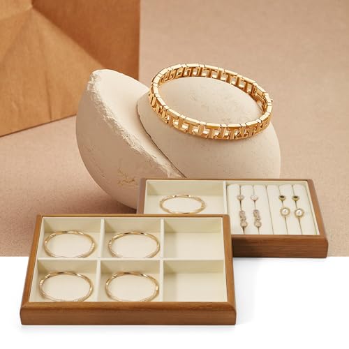 Oirlv Solid Wood Multifunctional Ring Earrings Studs Bangle Jewelry Organizer Tray Jewelry Drawer Organizer(Creamy-white) - Image 2