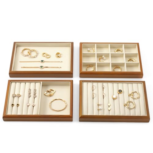 Oirlv Solid Wood Multifunctional Ring Earrings Studs Bangle Jewelry Organizer Tray Jewelry Drawer Organizer(Creamy-white) - Image 5