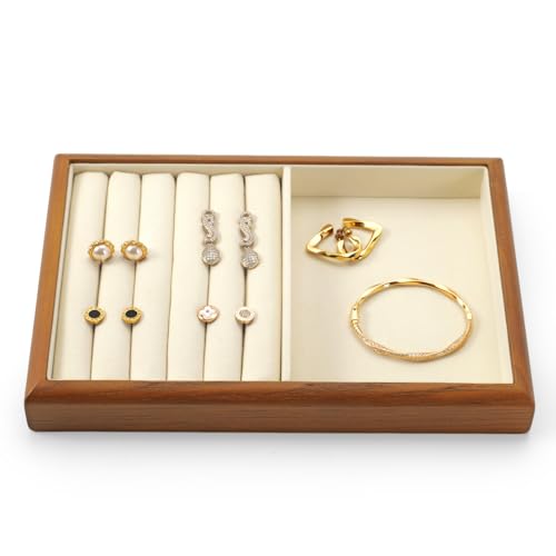Oirlv Solid Wood Multifunctional Ring Earrings Studs Bangle Jewelry Organizer Tray Jewelry Drawer Organizer(Creamy-white) - Image 1