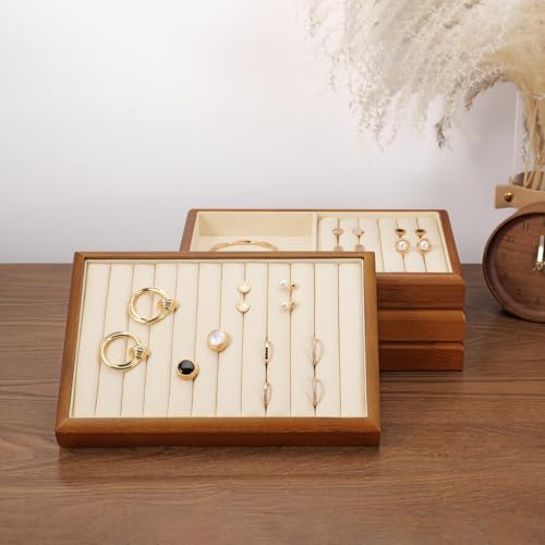 Oirlv Solid Wood Multifunctional Ring Earrings Studs Bangle Jewelry Organizer Tray Jewelry Drawer Organizer(Creamy-white) - Image 4