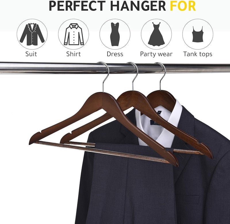 Quality Hangers شماعات خشبية عالية الجودة - مجموعة 10 شماعات منحنية قليلاً - معطف خشبي صلب مع خطافات كروم أنيقة - شماعات ثقيلة للملابس والجاكيت والقمصان والبنطلونات والبدلات (جوز/ريترو، 10) - Image 5