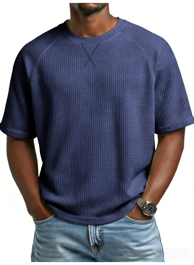 European And American Spring Independent Site Men's Waffle Solid Color Embroidered Raglan Round Neck Casual Sports Short-sleeve Export T-shirt