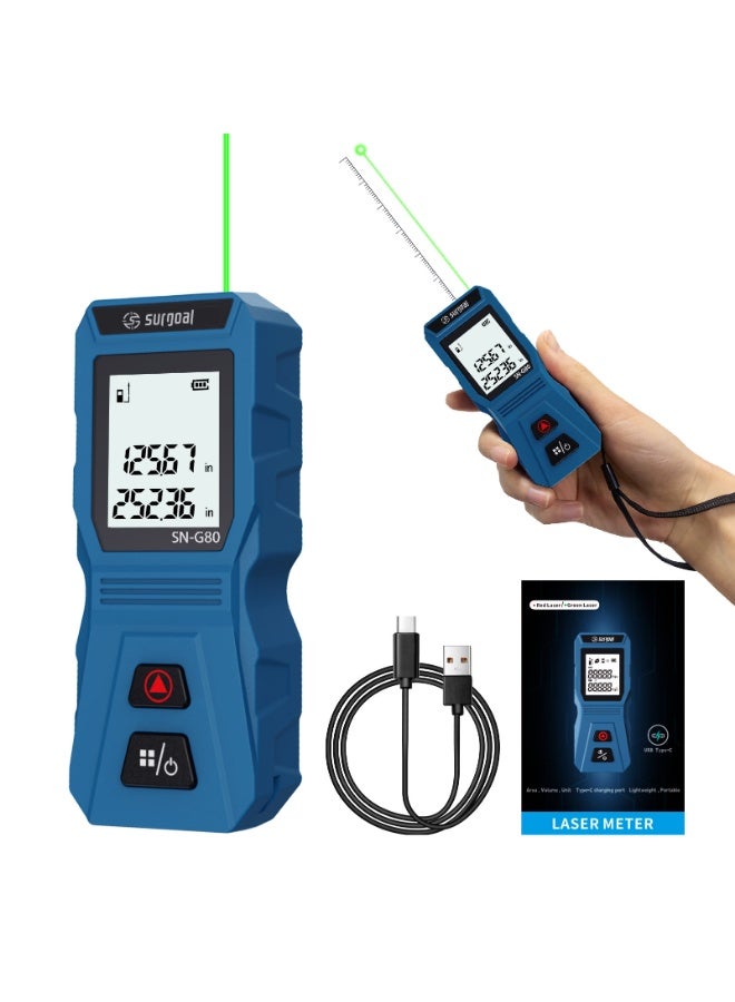 SURGOAL 80m High-Visibility Green Laser, USB-Rechargeable, 30 Data Sets, Single/Continuous/Area/Volume, Pocket-Sized — Rechargeable Green Laser Distance Meter 80m Measurement - Image 1