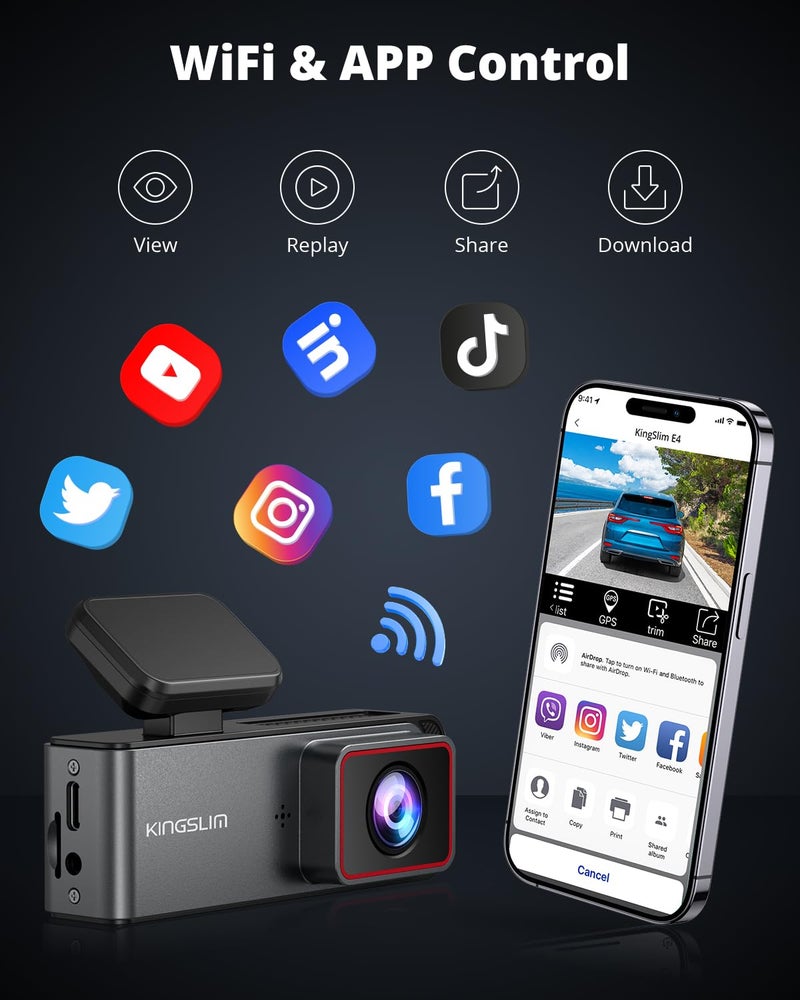 Kingslim E4 4K Dash Cam Front and Rear, WiFi Front 4K Rear 1080P Dual Dash Camera for Cars, Mini Dashcam with APP Control, Night Vision, Parking Mode - Image 3