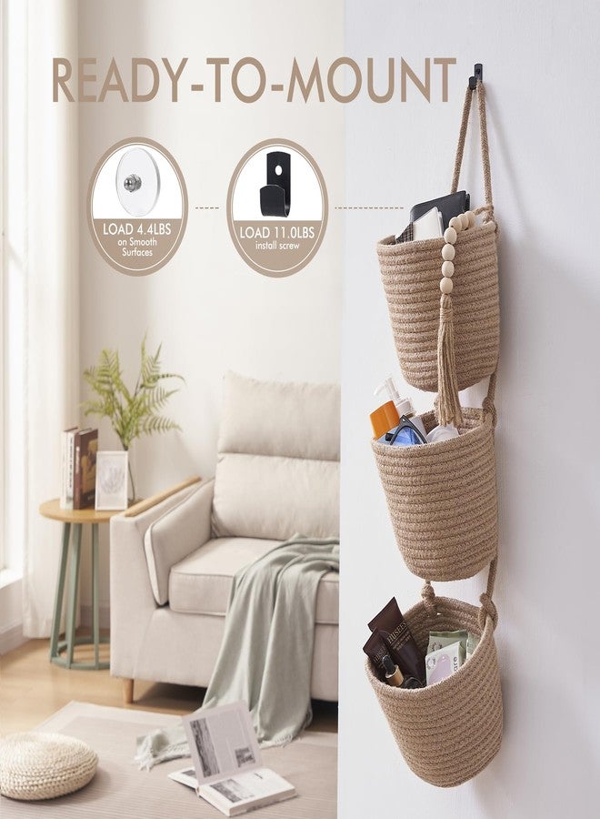 LIGHT DUST Fabric Wall Hanging Organizers - Small Woven Baskets Pouches Set Boho Style Wall Mounted Bag with Adhesive Hook, Storage Decoration Pocket Caddy for Closet Playroom RV Nursery (Small Linen & Black) - Image 5