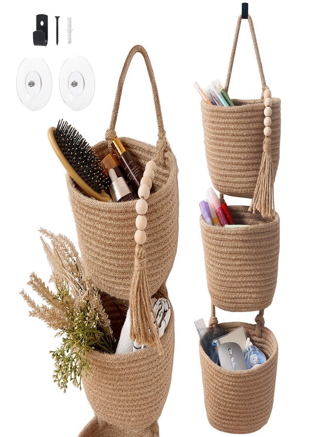 LIGHT DUST Fabric Wall Hanging Organizers - Small Woven Baskets Pouches Set Boho Style Wall Mounted Bag with Adhesive Hook, Storage Decoration Pocket Caddy for Closet Playroom RV Nursery (Small Linen & Black) - Image 1