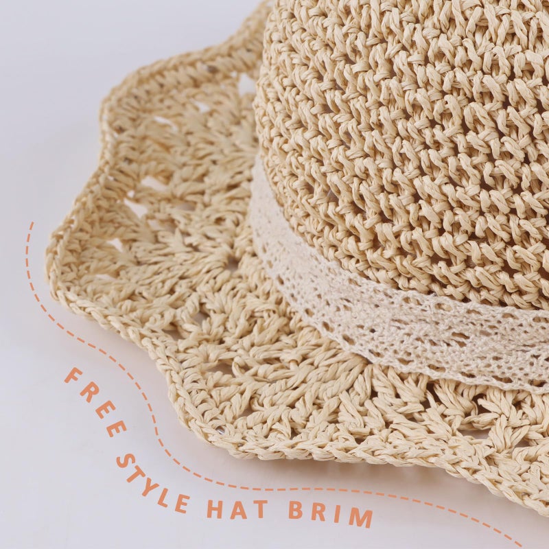 JANGANNSA Baby Girl Straw Hat Outdoor Baby Sun Protection Hats Summer Bowknot Beach Cap for Infant Toddler Girls(Lace Bow-Beige,6-24 Months) - Image 4