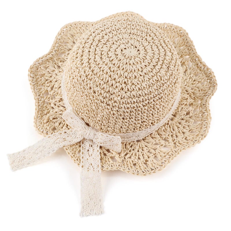 JANGANNSA Baby Girl Straw Hat Outdoor Baby Sun Protection Hats Summer Bowknot Beach Cap for Infant Toddler Girls(Lace Bow-Beige,6-24 Months) - Image 1