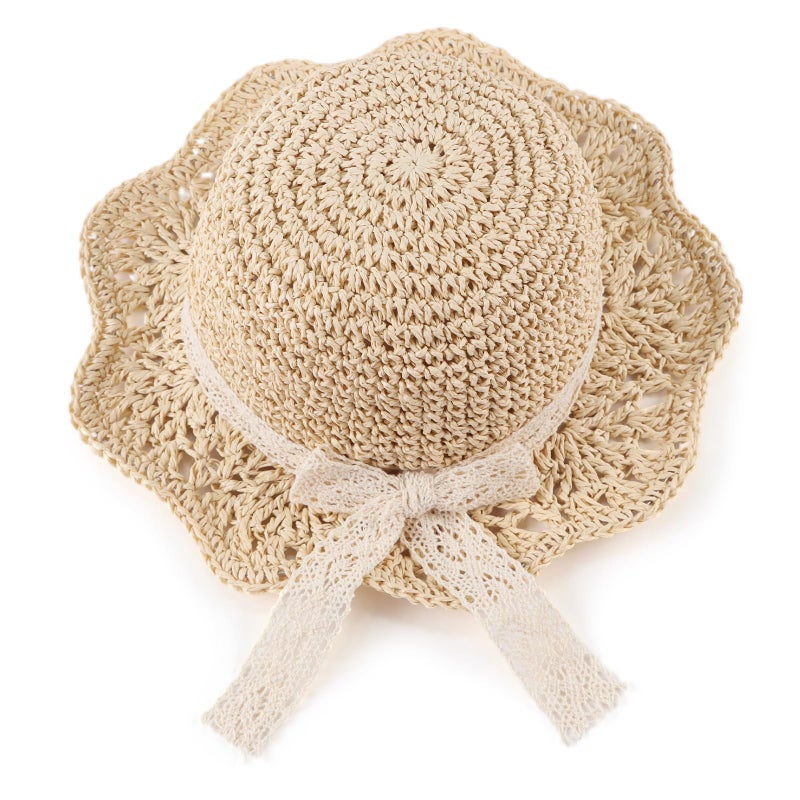 JANGANNSA Baby Girl Straw Hat Outdoor Baby Sun Protection Hats Summer Bowknot Beach Cap for Infant Toddler Girls(Lace Bow-Beige,6-24 Months) - Image 2