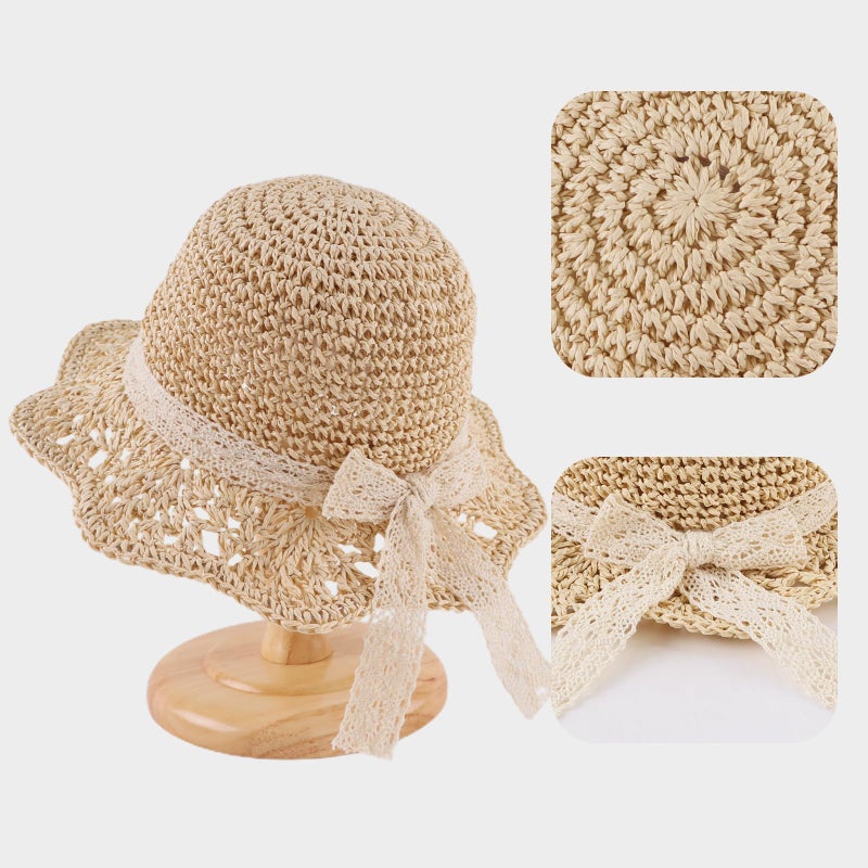JANGANNSA Baby Girl Straw Hat Outdoor Baby Sun Protection Hats Summer Bowknot Beach Cap for Infant Toddler Girls(Lace Bow-Beige,6-24 Months) - Image 3