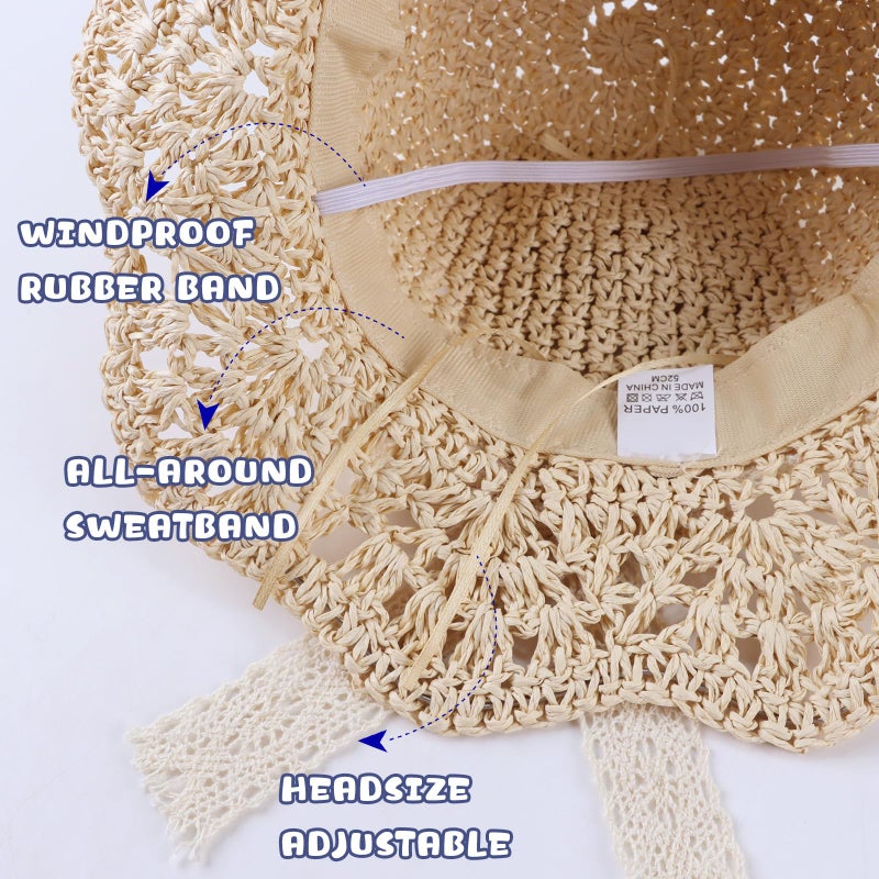 JANGANNSA Baby Girl Straw Hat Outdoor Baby Sun Protection Hats Summer Bowknot Beach Cap for Infant Toddler Girls(Lace Bow-Beige,6-24 Months) - Image 5