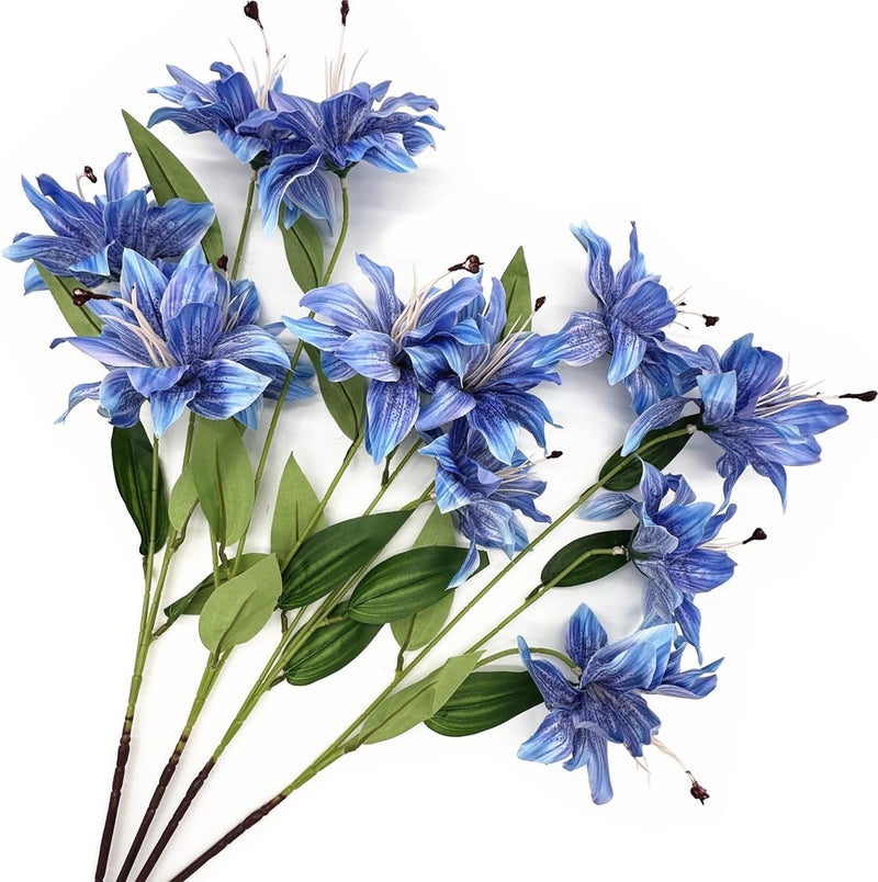 LOVENIMEN Artifical Lily Flowers Fake Stargazer Lilies Flower Bundles 4 Pack, Faux Silk Lily Floral Stems for Indoor Outdoor Home Garden Decor Office Party Wedding Arrangement Bouquets DIY Decoration - Blue - Image 1