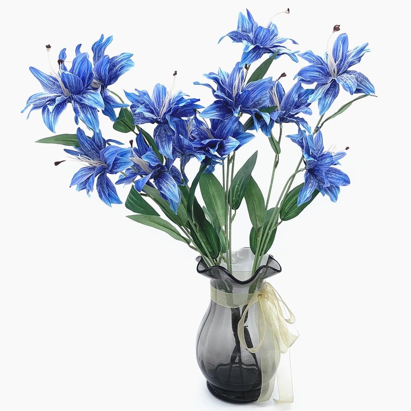 LOVENIMEN Artifical Lily Flowers Fake Stargazer Lilies Flower Bundles 4 Pack, Faux Silk Lily Floral Stems for Indoor Outdoor Home Garden Decor Office Party Wedding Arrangement Bouquets DIY Decoration - Blue - Image 2