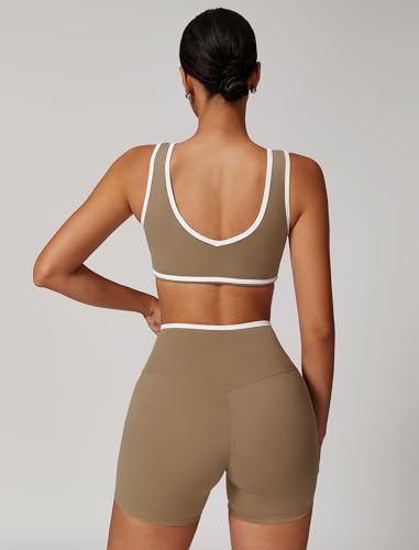 ABOCIW Workout Sets for Women Color Block Sports Bra Crossover Waist Shorts Gym Sets Woman Yoga Pilates Outfits Athletic Work Out Clothes Brown Small - Image 3