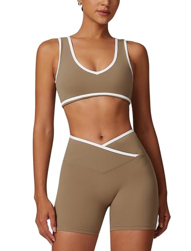 ABOCIW Workout Sets for Women Color Block Sports Bra Crossover Waist Shorts Gym Sets Woman Yoga Pilates Outfits Athletic Work Out Clothes Brown Small - Image 1