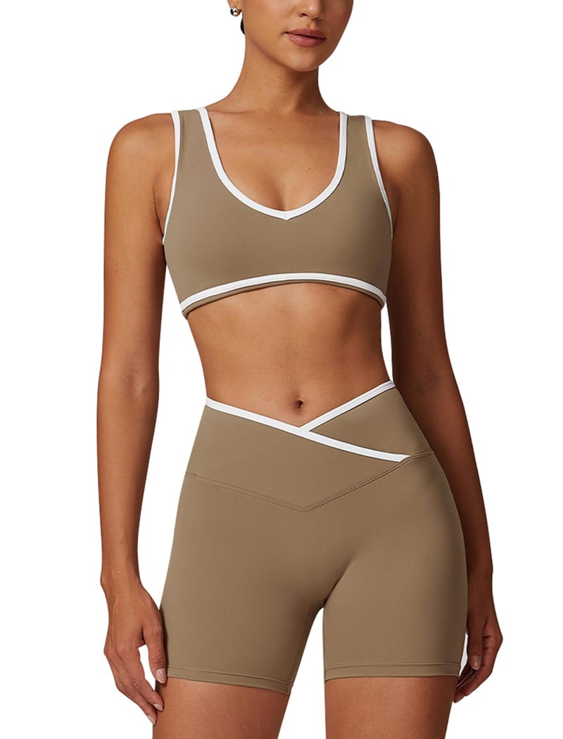 ABOCIW Workout Sets for Women Color Block Sports Bra Crossover Waist Shorts Gym Sets Woman Yoga Pilates Outfits Athletic Work Out Clothes Brown Small - Image 2