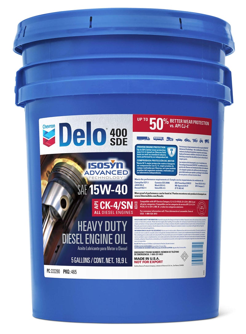 Chevron Delo 222290465 400 SDE SAE 15W-40 Motor Oil - 5 Gallon Pail - Image 1