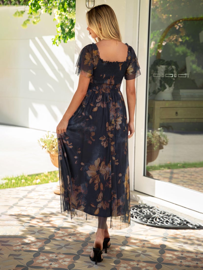 Simplee Womens Floral Maxi Dresses 2026 Summer Mesh Square Neck Flutter Short Sleeve Smocked Mesh Flowy Tea Party Dress - Image 3