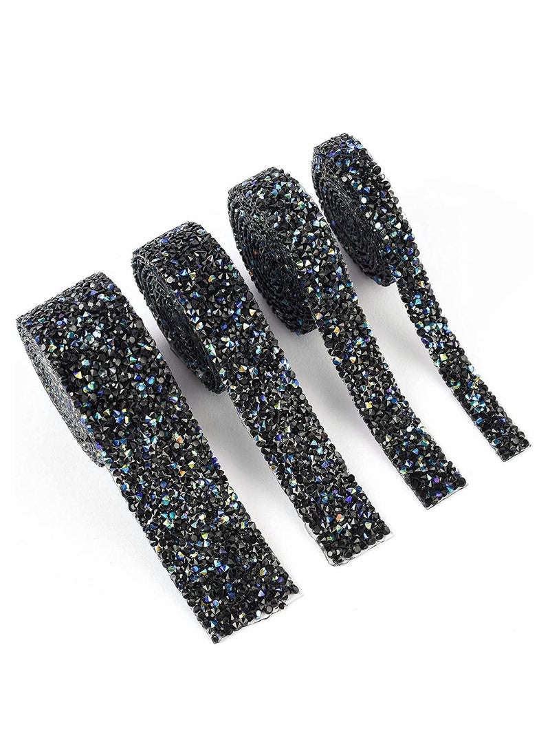 Y&D Crystal Rhinestone Ribbon, Self-Adhesive Ribbon for Crafts, Bling Ribbons Roll Banding Belt Wrap Wedding Cakes Birthday Crafts Decorations (4 Rolls in 4 Sizes, 1 Yards, Black) - Image 1