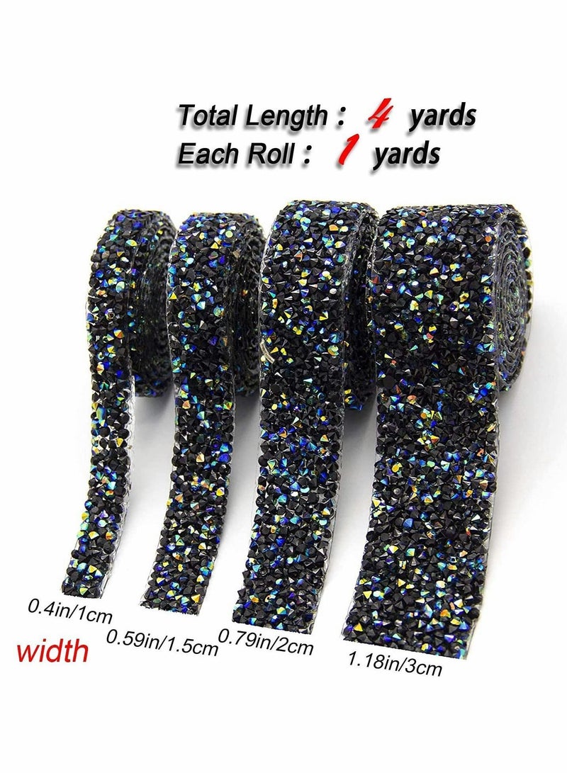 Y&D Crystal Rhinestone Ribbon, Self-Adhesive Ribbon for Crafts, Bling Ribbons Roll Banding Belt Wrap Wedding Cakes Birthday Crafts Decorations (4 Rolls in 4 Sizes, 1 Yards, Black) - Image 3