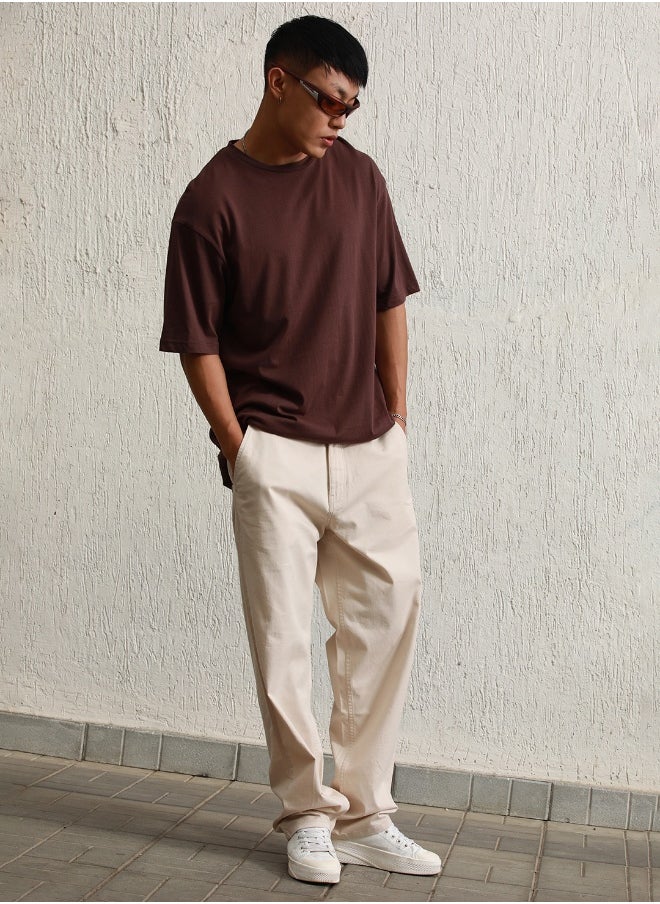 Hubberholme Men's Beige Cotton Blend Solid Pattern Full Length Cargo Relaxed Trouser  - Image 1