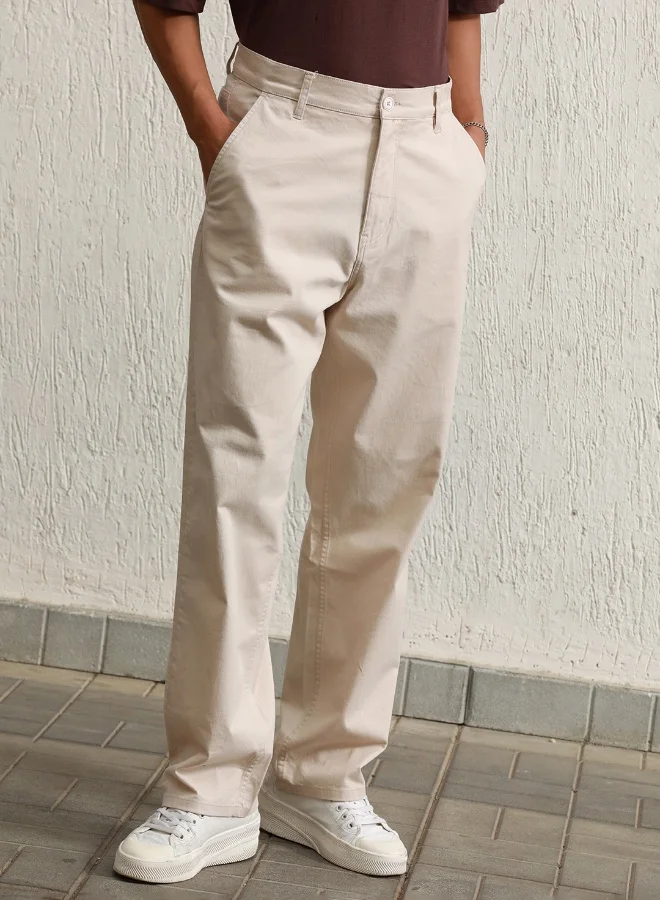 Hubberholme Men's Beige Cotton Blend Solid Pattern Full Length Cargo Relaxed Trouser
