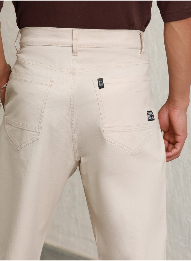 Hubberholme Men's Beige Cotton Blend Solid Pattern Full Length Cargo Relaxed Trouser  - Image 3