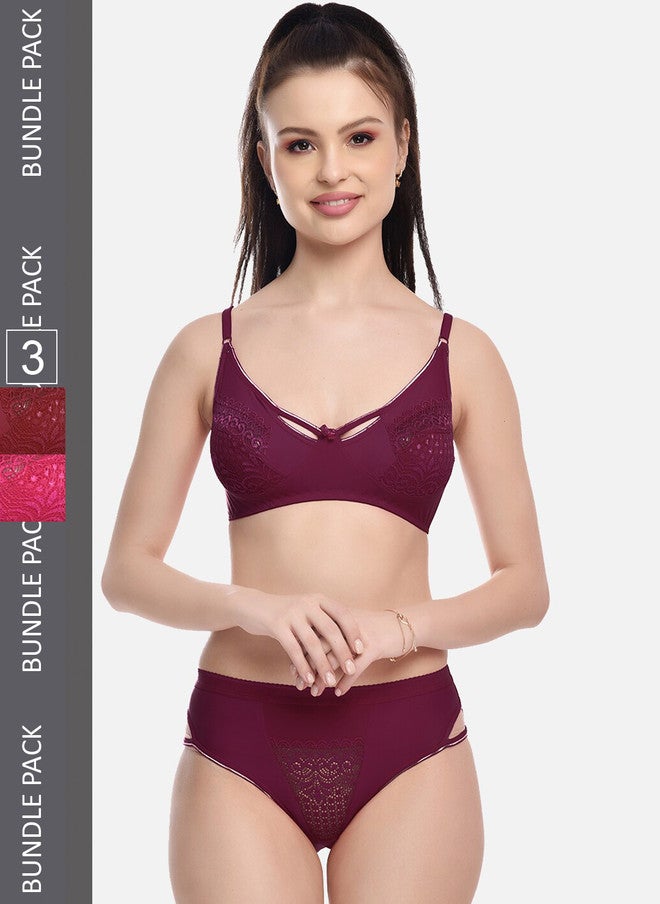 FIMS Pack Of 2 Solid Laced Lingerie Set - Pink and Maroon - Image 1