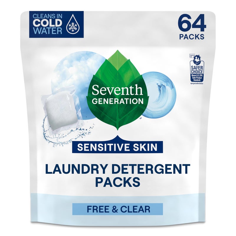 Seventh Generation Laundry Detergent Packs Free Clear Made for Sensitive Skin EPA Safer Choice Certified 64 Count