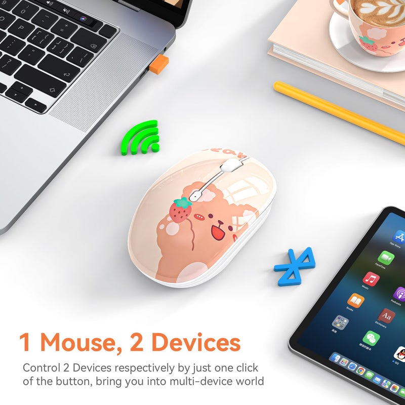 FMOUSE Cute Bluetooth Wireless Mouse with 2.4GHz USB Receiver, Silent Clicks, AA-Battery Powered, Durable, Lovely Cartoon Mice, Ideal for Kids, Students, Teens on Laptops, Mac, iPad, PC (Kerry Bear) - Image 2