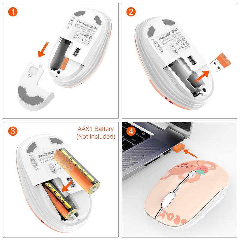 FMOUSE Cute Bluetooth Wireless Mouse with 2.4GHz USB Receiver, Silent Clicks, AA-Battery Powered, Durable, Lovely Cartoon Mice, Ideal for Kids, Students, Teens on Laptops, Mac, iPad, PC (Kerry Bear) - Image 4