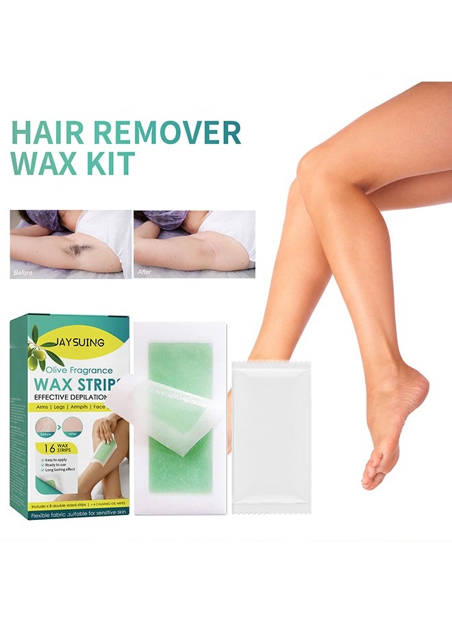Wax Strips for Hair Removal - 16 Pcs Counts Ready-to-Use Strips and 4 wax-removing wipes for Smooth and Sensitive Skin,Trimmable Waxing Strips for Body, Face,Leg, Chest and Eyebrows