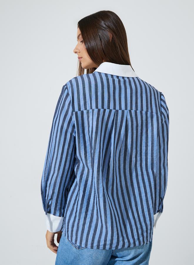 Styli Light Blue Striped Contrast Collar And Cuffes Oversized Shirt - Image 4