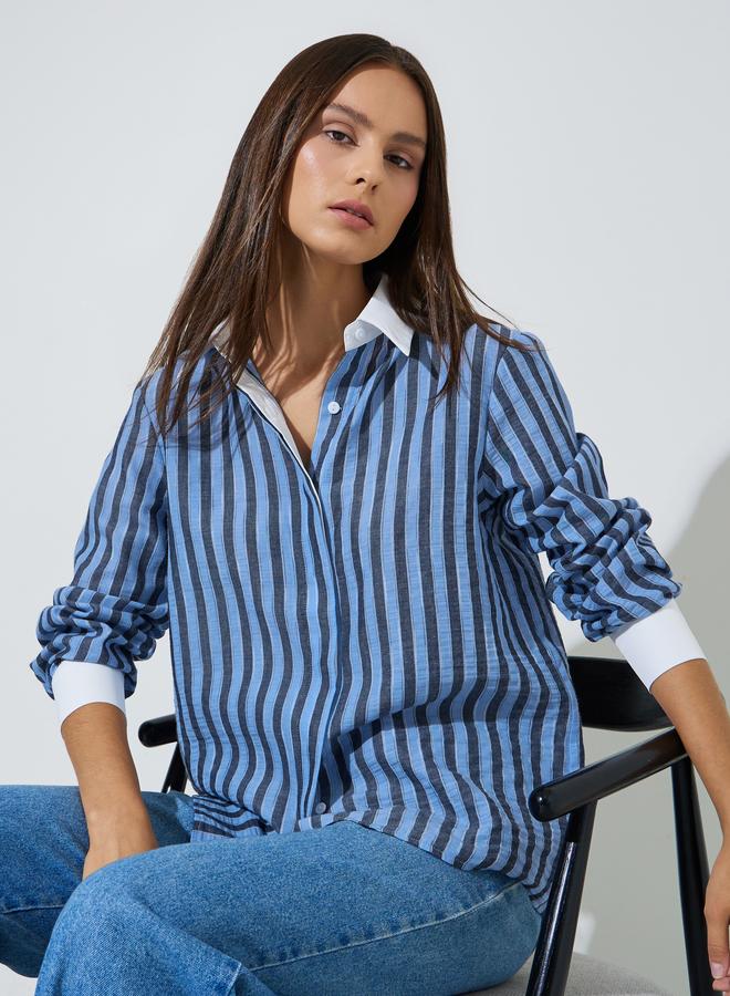 Styli Light Blue Striped Contrast Collar And Cuffes Oversized Shirt - Image 1