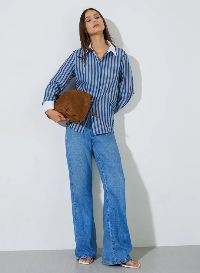 Styli Light Blue Striped Contrast Collar And Cuffes Oversized Shirt