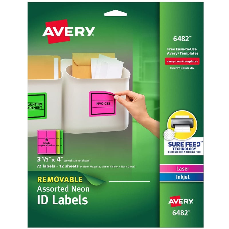 Avery Removable Multipurpose Labels, Assorted Neon, 3 1/3 x 4 - Image 1