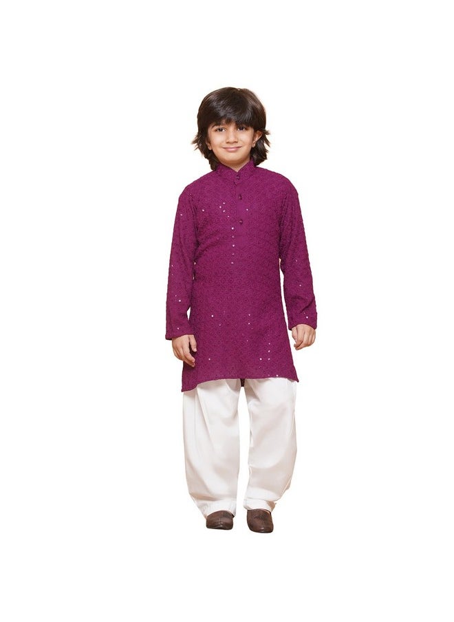 AJ Dezines - AJ DEZINES Kids Cotton Full Sleeve Sequined Chikankari Purple Kurta Pajama Set for Boys - Ethnic wear | Special Occasion & Party Outfit | Mandarin Collar Kurta for boys - Regular Fit - Image 1