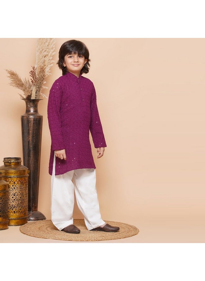 AJ Dezines - AJ DEZINES Kids Cotton Full Sleeve Sequined Chikankari Purple Kurta Pajama Set for Boys - Ethnic wear | Special Occasion & Party Outfit | Mandarin Collar Kurta for boys - Regular Fit - Image 1