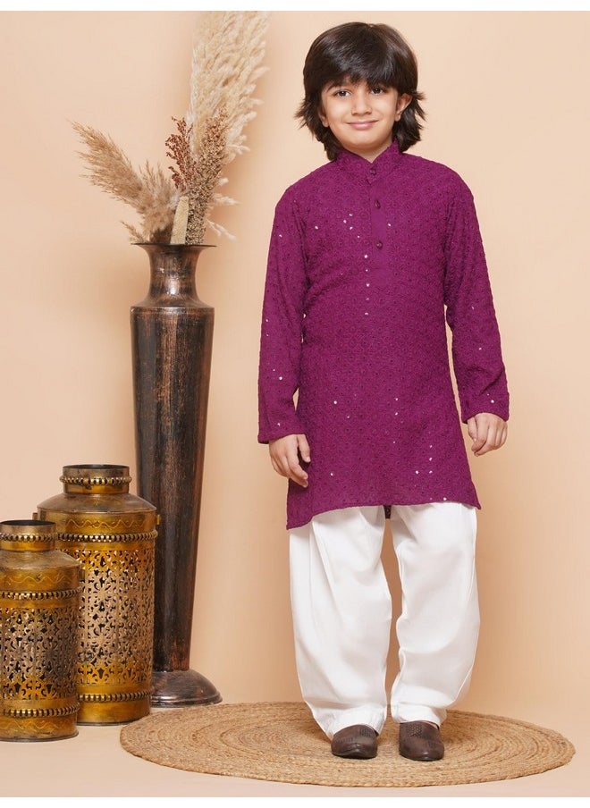 AJ Dezines - AJ DEZINES Kids Cotton Full Sleeve Sequined Chikankari Purple Kurta Pajama Set for Boys - Ethnic wear | Special Occasion & Party Outfit | Mandarin Collar Kurta for boys - Regular Fit - Image 1