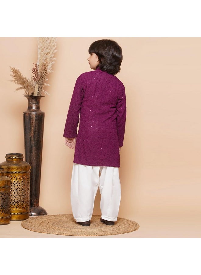 AJ Dezines - AJ DEZINES Kids Cotton Full Sleeve Sequined Chikankari Purple Kurta Pajama Set for Boys - Ethnic wear | Special Occasion & Party Outfit | Mandarin Collar Kurta for boys - Regular Fit - Image 1