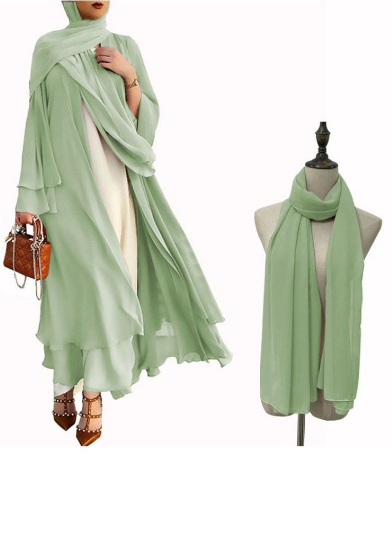 Loquat Women's Solid Color Flared Long-Sleeved Abaya with Turban Women's Elegant Long Cardigan Dress Two-Piece Set Light Green 