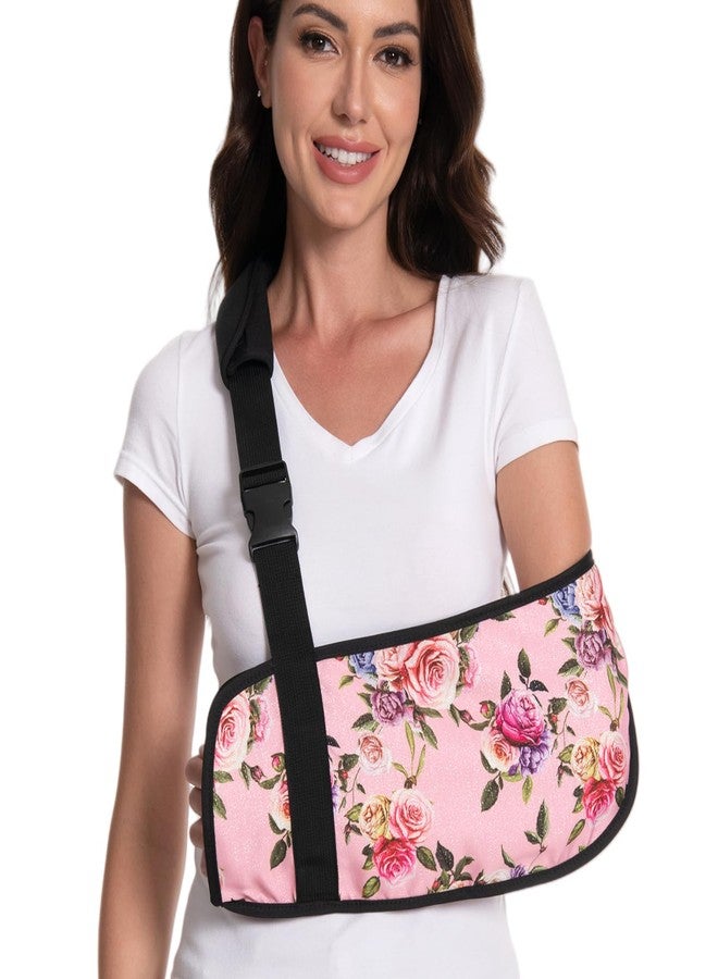 Ledhlth Women Arm Sling for Broken Arm, Torn Rotator Cuff, Shoulder Elbow Wrist Injury - Rose Floral Printed Adult Lady Arm Brace Support, Soft Warm Floral Pattern (Pink Rose, One Size) - Image 1
