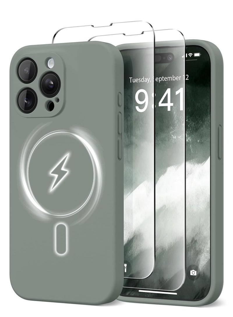 ELTRAZONE Strong Magnetic for iPhone 15 Pro Max Case Silicone, Compatible with MagSafe, [Camera Protection][2X Screen Protectors]Slim Protective Case, Soft Anti-Scratch Microfiber Lining, Calke Green - Image 1