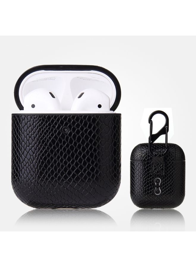 Raxoom Case Cover For AirPods 1 & 2 Anti-fall Snakeskin Texture PU Leather Protective Case with Carabiner Black