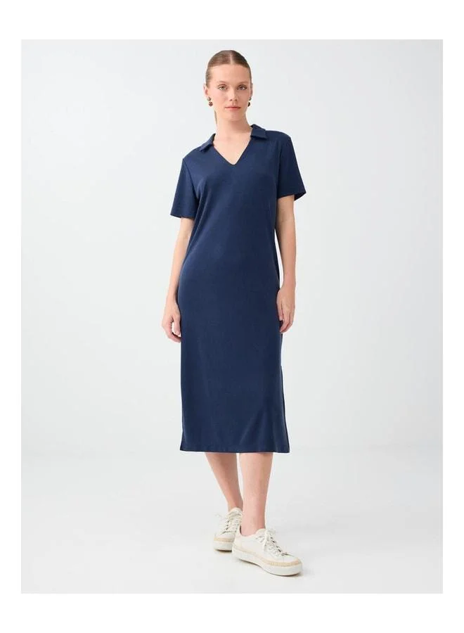 Jimmy Key Navy Shirt-Collar Short Sleeve Midi Basic Dress.