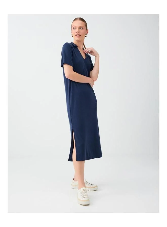 Jimmy Key Navy Shirt-Collar Short Sleeve Midi Basic Dress.