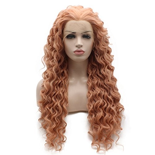 iwonawig Iewig Rose Golden Pink Front Lace Wig Long Curly Synthetic Lace Front Heat Friendly Fiber Half Hand Tied - Image 2