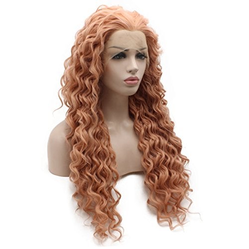 iwonawig Iewig Rose Golden Pink Front Lace Wig Long Curly Synthetic Lace Front Heat Friendly Fiber Half Hand Tied - Image 5