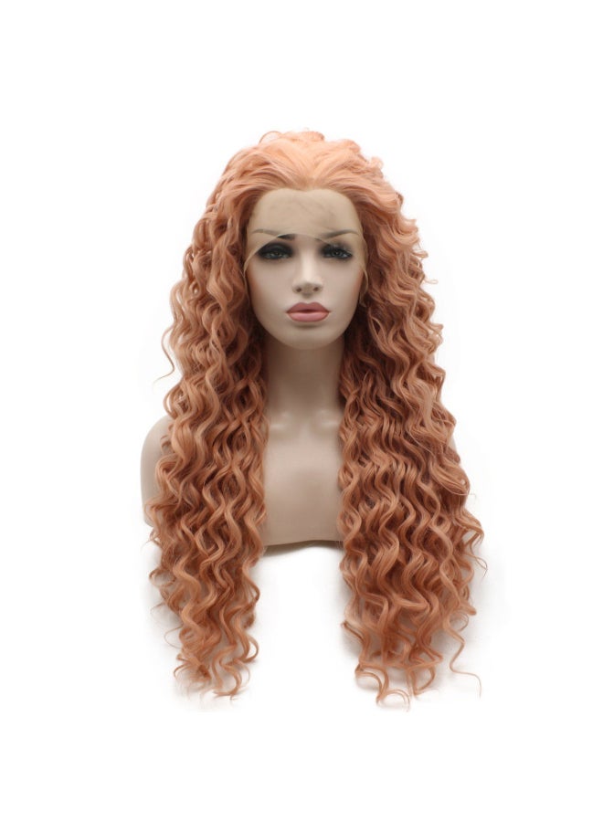 iwonawig Iewig Rose Golden Pink Front Lace Wig Long Curly Synthetic Lace Front Heat Friendly Fiber Half Hand Tied - Image 3