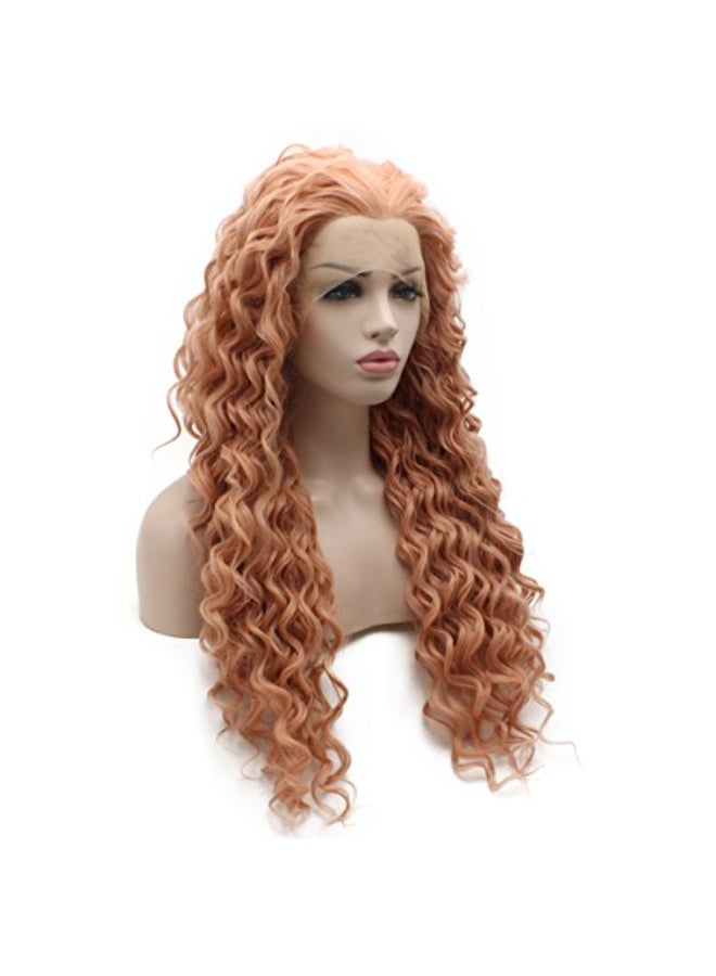 iwonawig Iewig Rose Golden Pink Front Lace Wig Long Curly Synthetic Lace Front Heat Friendly Fiber Half Hand Tied - Image 4